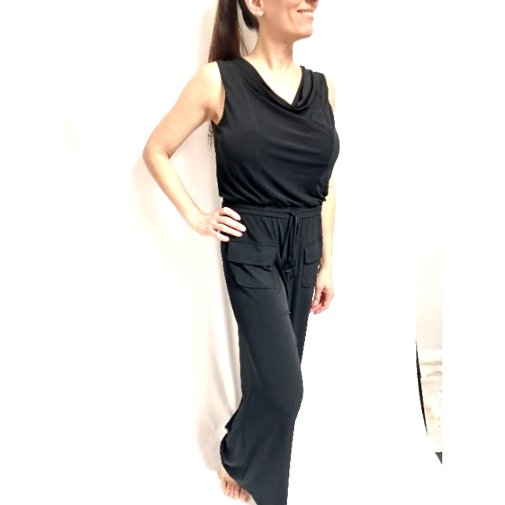 Vince camuto, jumpsuit, overalls, pockets, waist pull, size medium, black,
